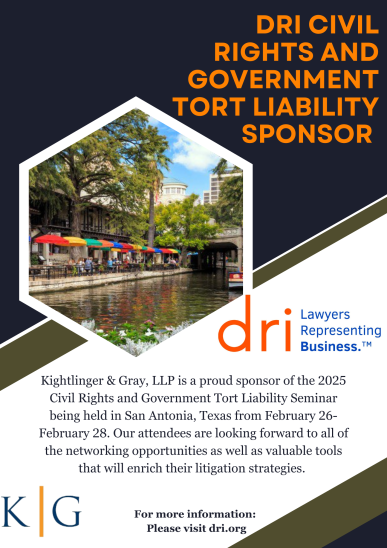 DRI Civil Rights and Government Tort Liability Seminar sponsor announcement with San Antonio River Walk photo, event dates February 26–28, 2025, and DRI logo with website dri.org.