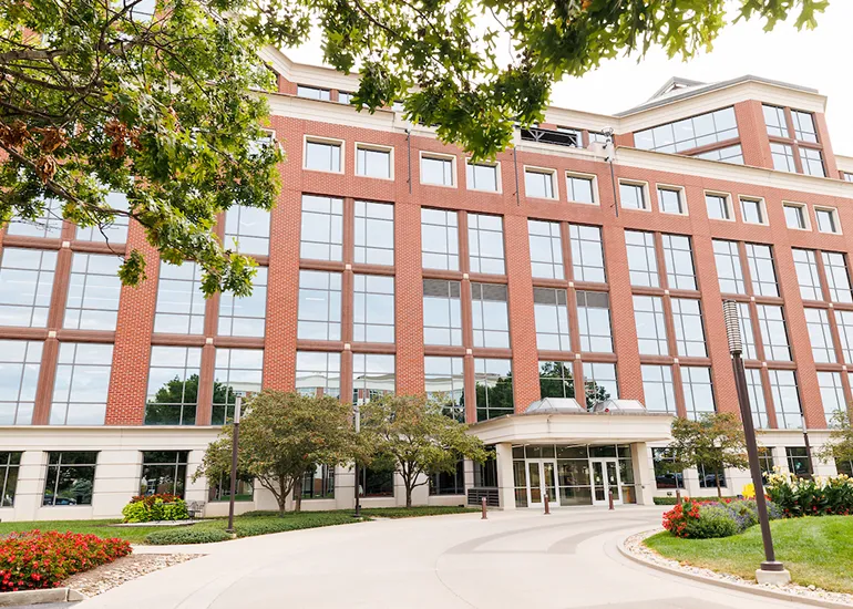 Brown building with glass windows and grass on side and in the middle road to main door